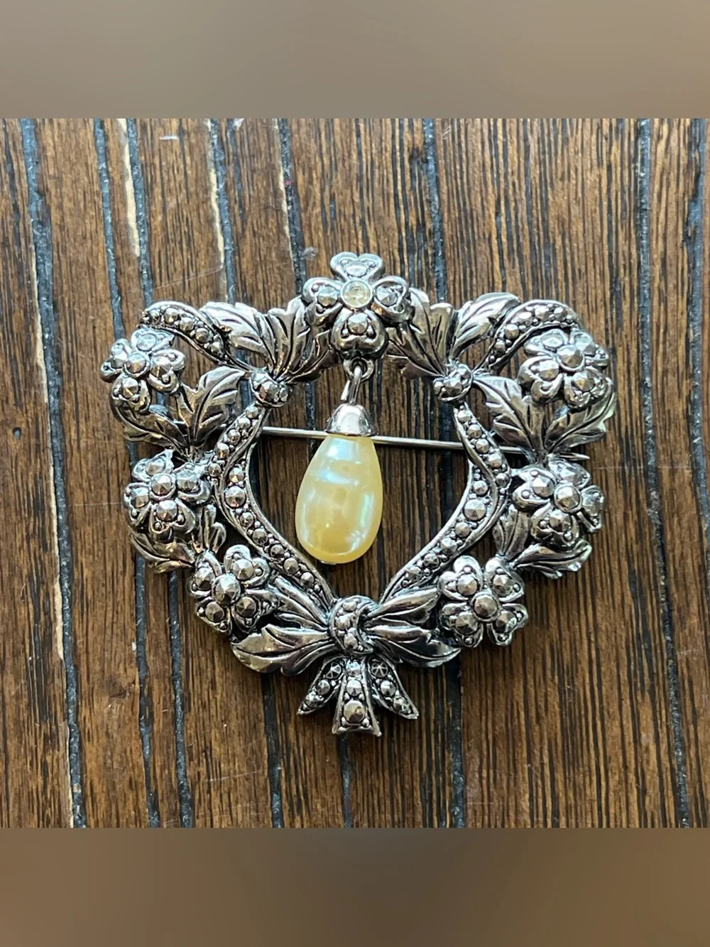 Vintage Floral Heart Brooch with Pearl Drop - Silver Tone